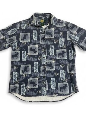 Cabela's Navy and Light Gray Short Sleeve Button-Up Blouse with Moose Print